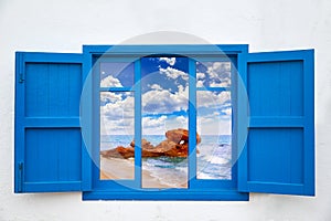 Almeria view from blue window of Mojacar beach