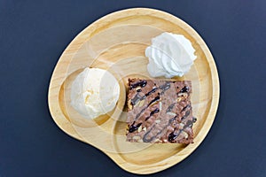 Almond chocolate cake and ice cream