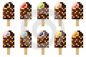 Almond chocolate-covered ice cream stuffed with fruit pixel art set. Vector illustration.