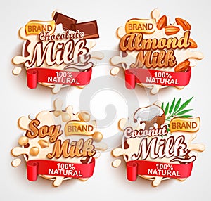 Almond, chocolate, soy, coconut milk labels.