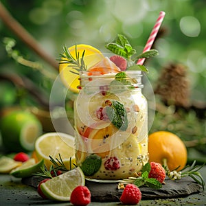 Almond Cream and Fruit Smoothie of Banana, Physalis, Raspberry, Mango, Homemade Mojito, Lemonade