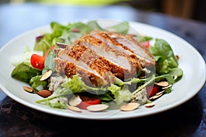 Almond Crusted Chicken Salad: Healthy Salad with Breaded Chicken Over Greens