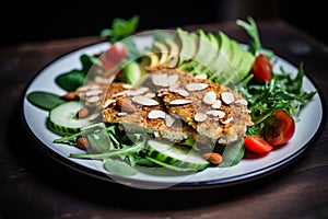 Almond Crusted Chicken Salad: Healthy Salad with Breaded Chicken Over Greens