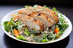 Almond Crusted Chicken Salad: Healthy Salad with Breaded Chicken Over Greens