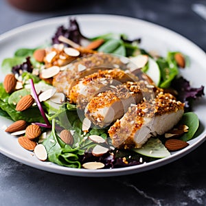 Almond Crusted Chicken Salad: Healthy Salad with Breaded Chicken Over Greens