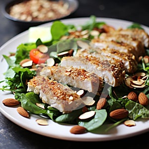 Almond Crusted Chicken Salad: Healthy Salad with Breaded Chicken Over Greens