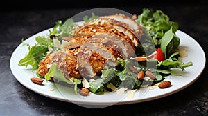 Almond Crusted Chicken Salad: Healthy Salad with Breaded Chicken Over Greens