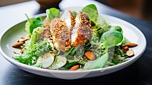 Almond Crusted Chicken Salad: Healthy Salad with Breaded Chicken Over Greens