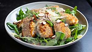 Almond Crusted Chicken Salad: Healthy Salad with Breaded Chicken Over Greens