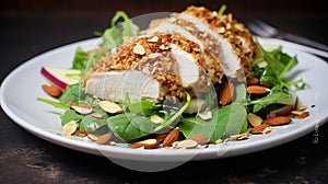 Almond Crusted Chicken Salad: Healthy Salad with Breaded Chicken Over Greens