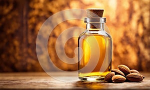 almond essential oil in a bottle. Selective focus.
