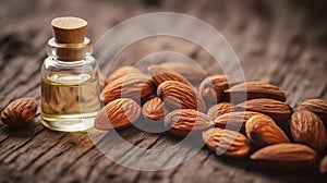 Almond essential oil in a small bottle. Selective focus. nature
