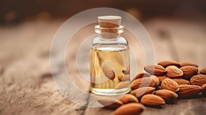 Almond essential oil in a small bottle. Selective focus. nature