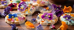 Almond floral cookies with violets edible flowers on wooden table