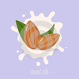 Almond milk. Almond nuts on a milk splash.