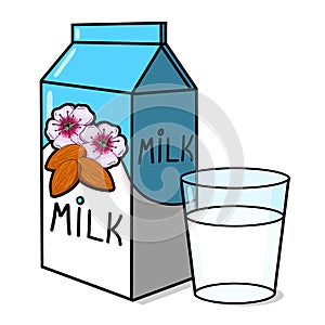Almond milk carton and a glass of almond milk illustration