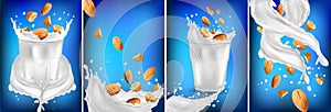 Almond milk in a glass. 3D realistic nuts. Fresh milk splashes. Organic almond milk. Collection Milk label template