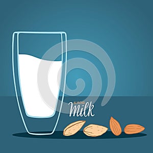 Almond milk glass and almond seeds isolated on blue background with inscription. Dairy alternative milk for detox