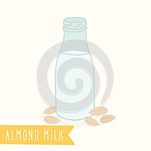 Almond milk in a glass bottle.