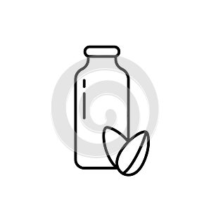 Almond milk. Linear vegetable drink logo. Bottle with two seeds. Black simple illustration of organic food, alternative to dairy