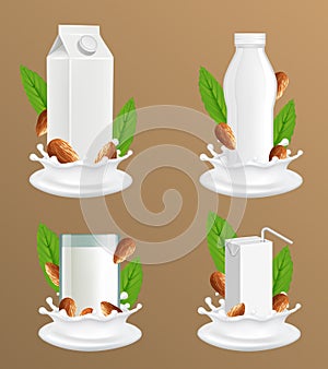 Almond milk package vector realistic mockup set