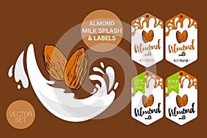 Almond on milk splash. almond milk pack with hand drawn nuts, organic labels tags. Colorful nut stickers