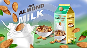 Almond milk with splashing liquid and seeds on blue sky, vector illustration