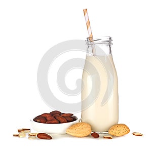 Almond milk in a traditional bottle isolated on a white background