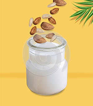 Almond milk vector realistic. Glass bottle with delicious organic drink. Almond nuts falling. Yellow backgrounds