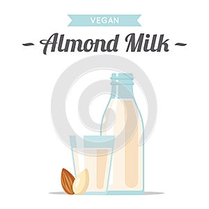 Almond milk, vegan illustration. Flat style.