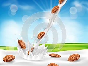 Almond milk or yogurt pouring down with splash and seeds. Realistic milk drop on sunny blue sky background with green