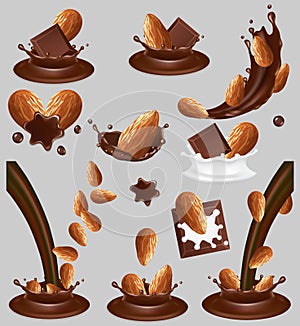 Almond nut in chocolate splash, vector realistic illustration