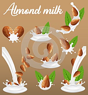 Almond nut in milk splash, vector realistic illustration