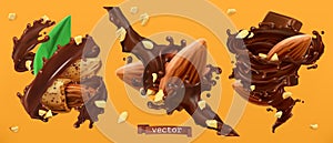 Almond nuts and chocolate splashes. 3d vector