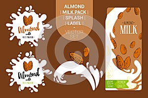 Almond nuts on juice splash. Fresh almond milk pack with Organic labels tags and hand drawn nuts.