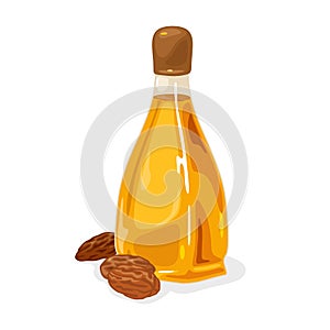 Almond nuts are near glass bottle with yellow oil closed by brown plastic cap.