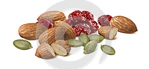 Almond nuts, pumpkin seeds and cranberries isolated on white background. Nut and berries mix