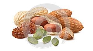 Almond nuts, pumpkin seeds, peanuts and brown raisins isolated on white backgorund photo