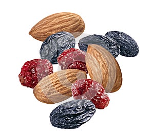 Almond nuts, raisins and cranberry isolated on white background