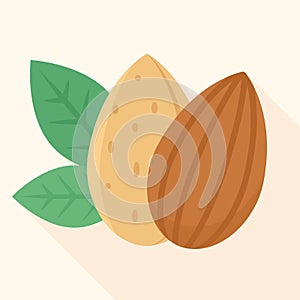 Almond nuts with and without shell with green leaves on cream background