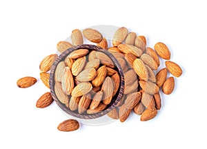 Almond Nuts in wood bowl isolated on white background