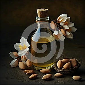 Almond oil with almonds nuts on black background