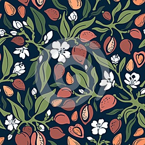 Almond seamless pattern. Vector floral color print