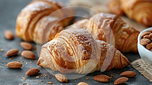 almond-topped croissants on a cozy table, creating a welcoming bakery ambiance