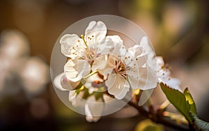 Almond tree flowers close up and blurred background.