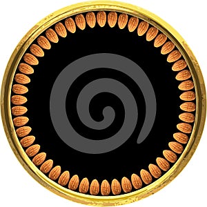 Almonds arranged in circle in Golden plate with black carpet on white background background