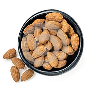 Almonds in Black Bowl Top View Isolated