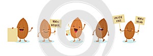 Almonds characters holding signs saying Vegan friendly, 100 percent natural, lactosw free. Vector