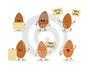 Almonds characters holding signs saying Vegan friendly, 100 percent natural, lactosw free. Vector