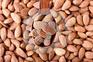 Almonds, a close-up photo. A wooden spoon. The background and texture of a walnut. Image.